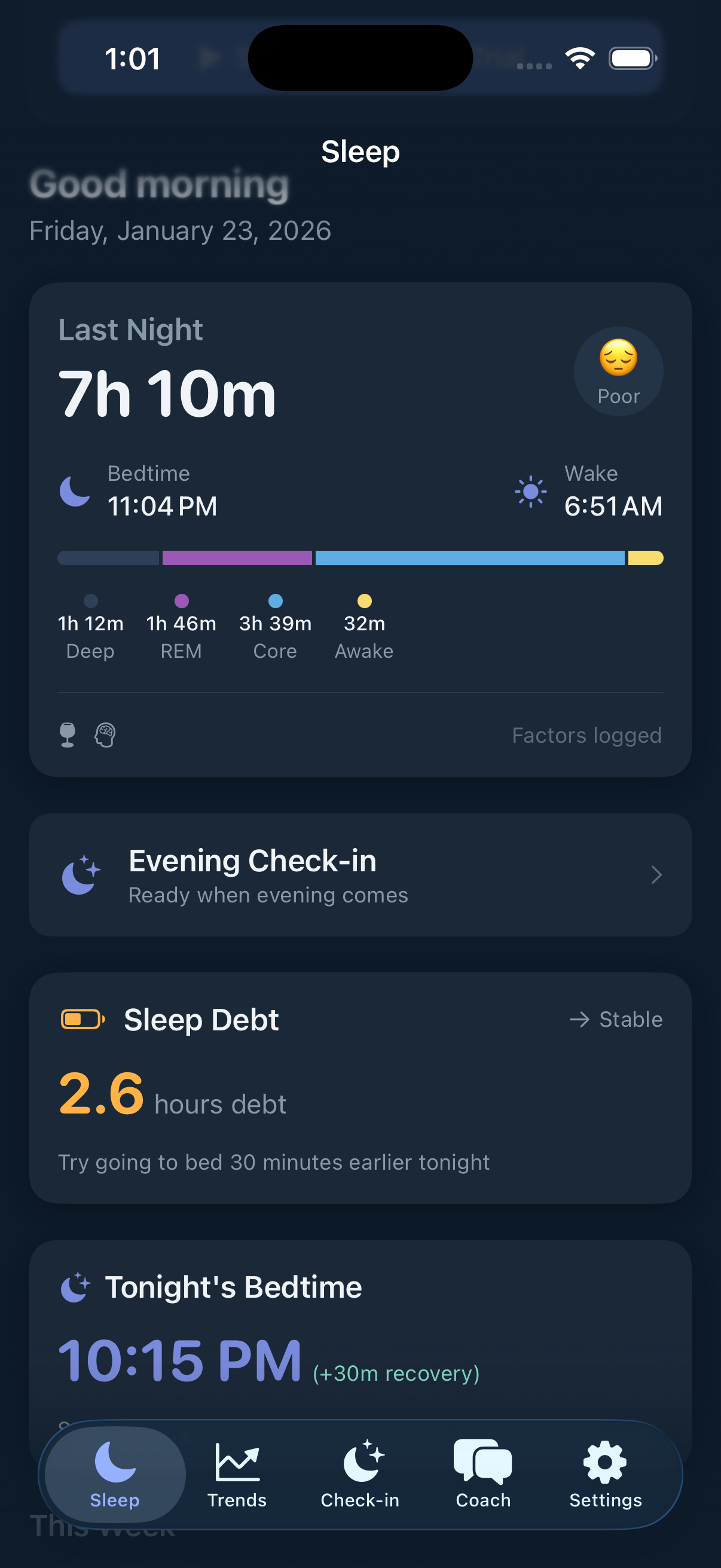 Dashboard showing sleep stages and vitals